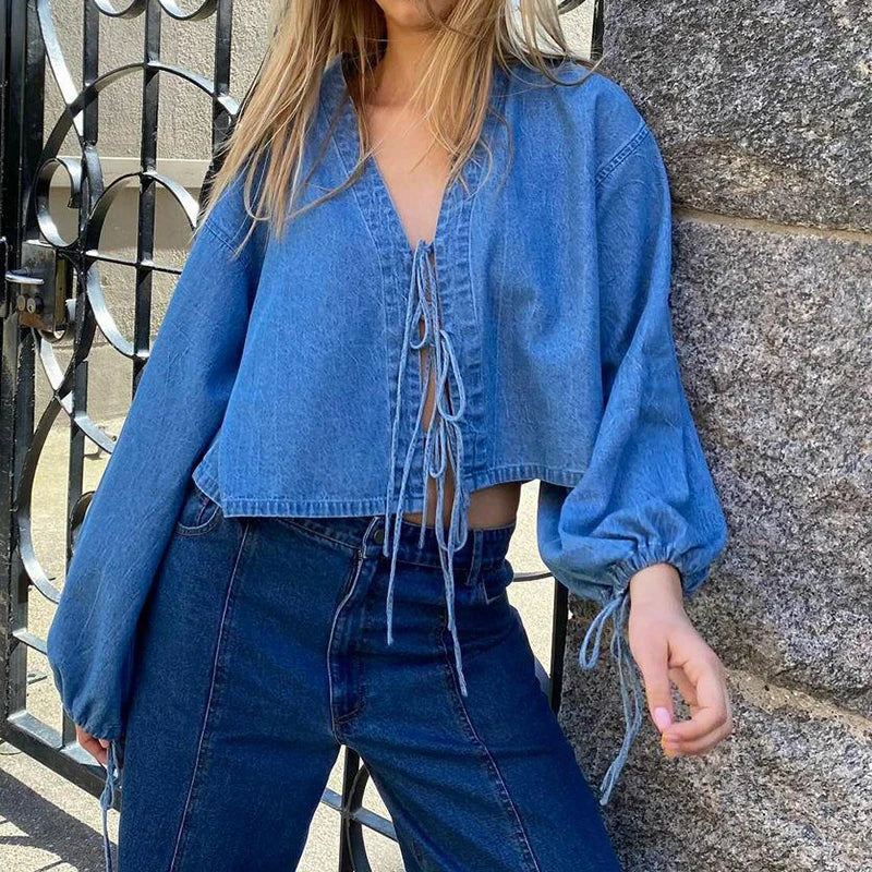 00s Retro Tie-up Front Denim Crop Tops Cottage Long Sleeve V Neck Shirts Spring Fall Blouses Tees Y2k Aesthetic T-shirt