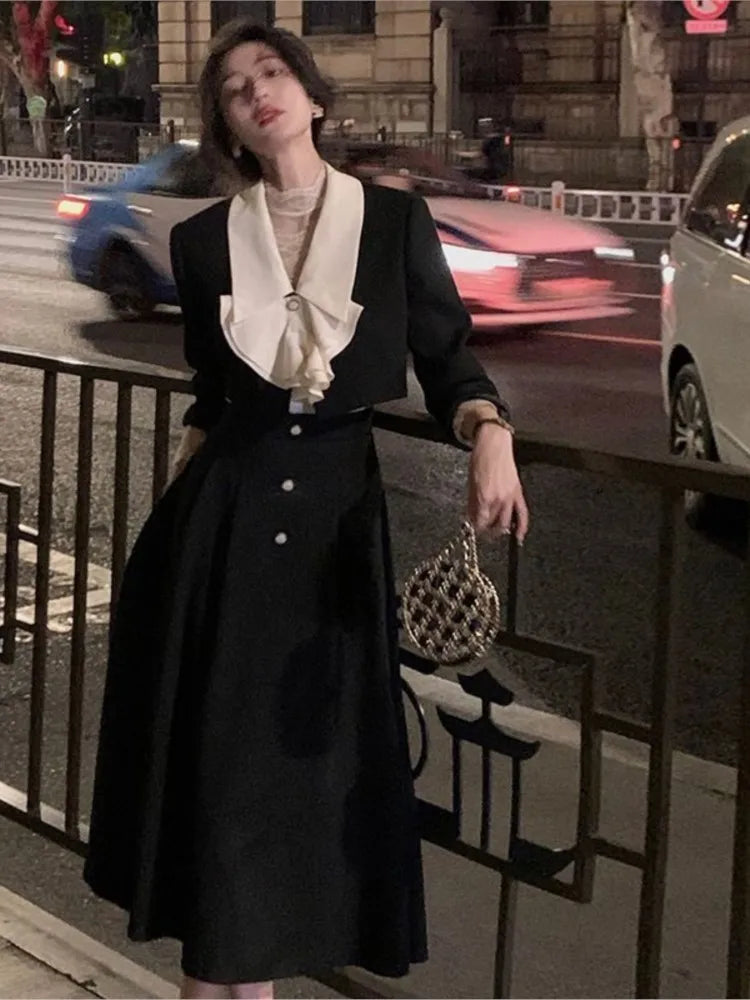 2 Piece Dress Set Black Midi Dress Korean Clothes Y2k Crop Top Short Coats + Skirt Spring
