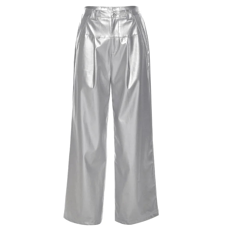 Silver Retro Matte Personalized Allmatch High Street Cool Confident Autumn Wide Leg Pants