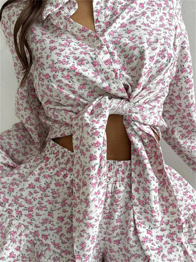 Printed Lace-up 2 Piece-set Shorts Outfits Female Lapel Contrast Patchwork Top Cardigan and High Waist ’s Shorts Sets