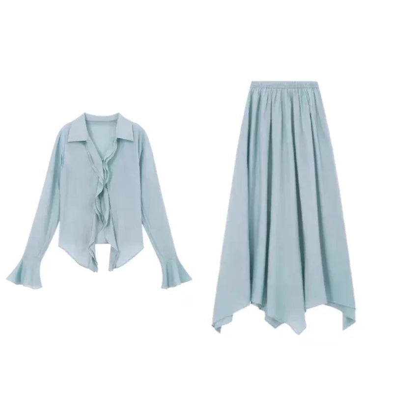 Autumn French Party Chiffon Skirt 2 Piece Set Blouse + Office Lady Fairy Midi Skirt Korean