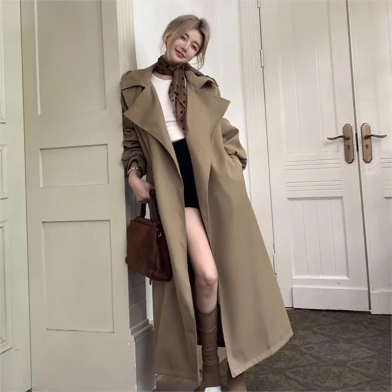 Autumn Winter Woman New Lapel Windbreaker Trench With Belt Korean Style Outerwears Midi Coats
