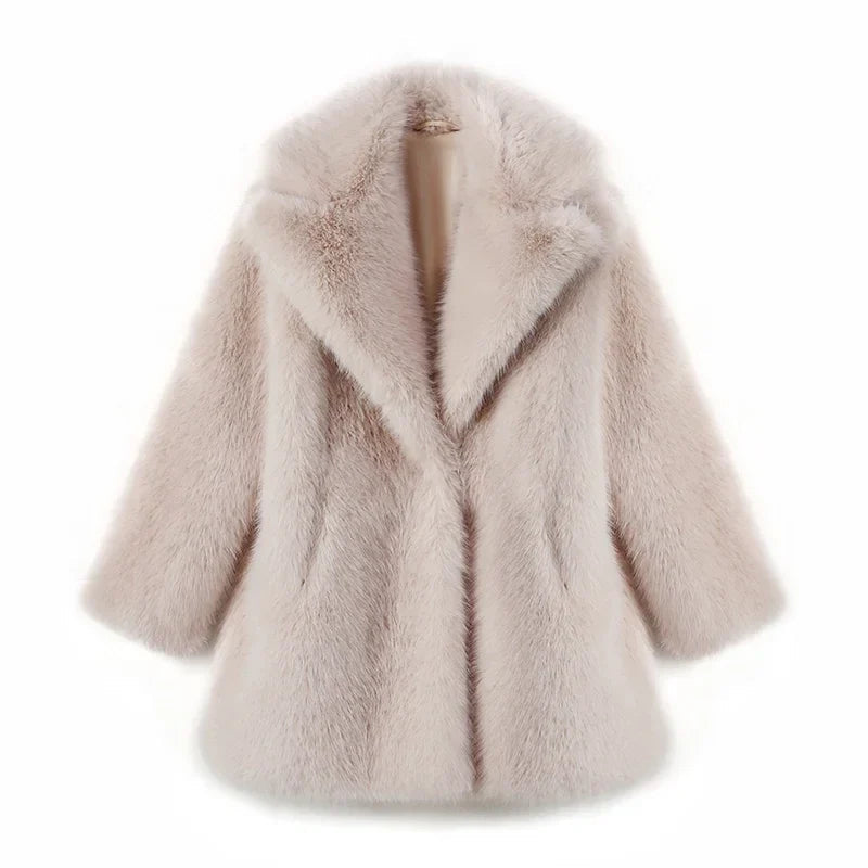 Lapels Faux Fur Coat Winter Brand Designer Fluffy Fox Fur Jacket Furry Overcoats Girl Stylish Long Outerwear