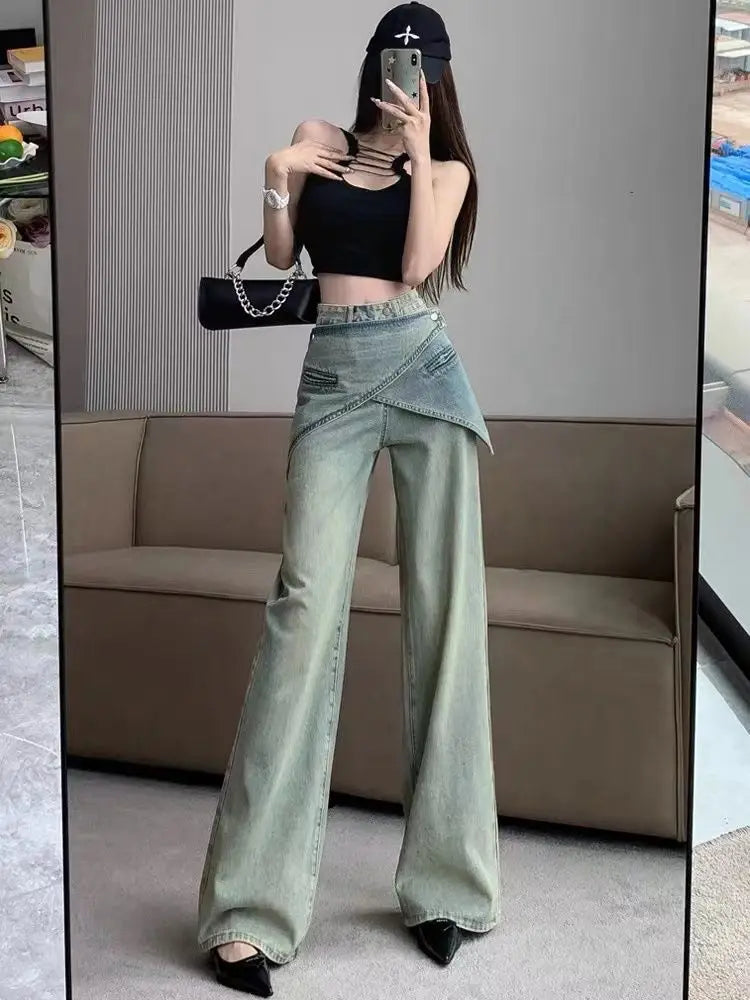 Light Blue Jeans Irregular Belt Cowboy Denim Straight Wide Leg Pants Female 90s Do Old Aesthetics Trousers