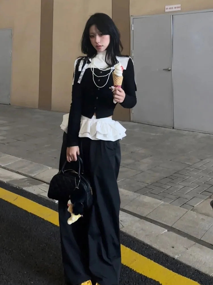 Ballet Skirt Patchwork Straight Pants High Street Design Elastic High Waist Sweatpants Korean Style Loose Trousers