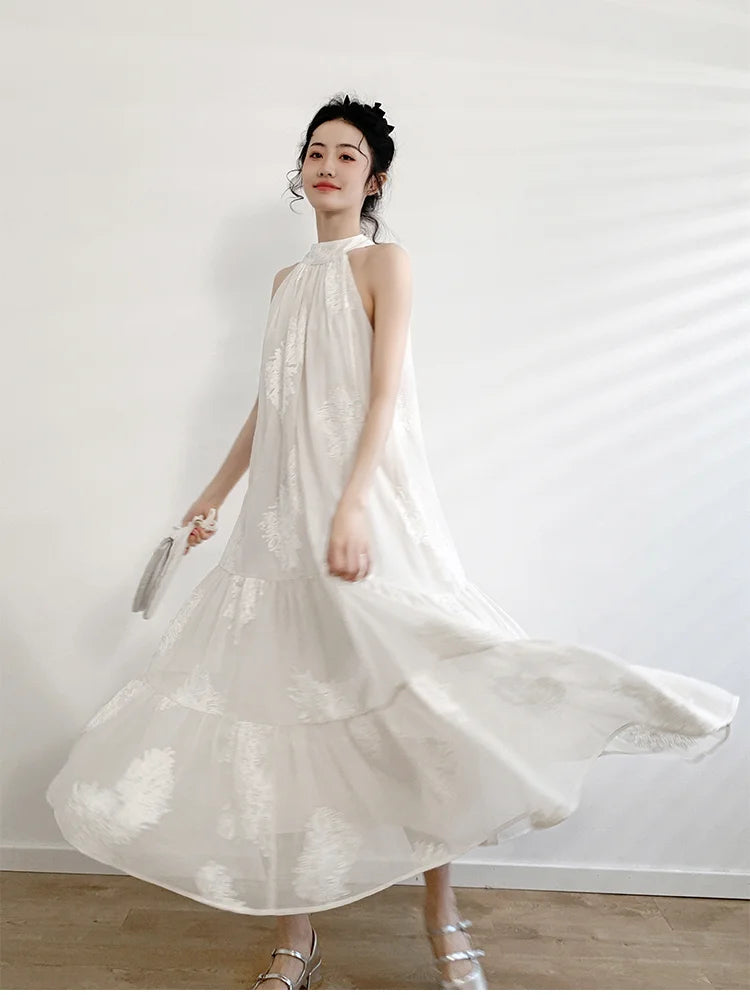 French Apricot Embroidery Printed Dress Spring Summer Sleeveless Hanging Neck Aline Dress Midi Dresses