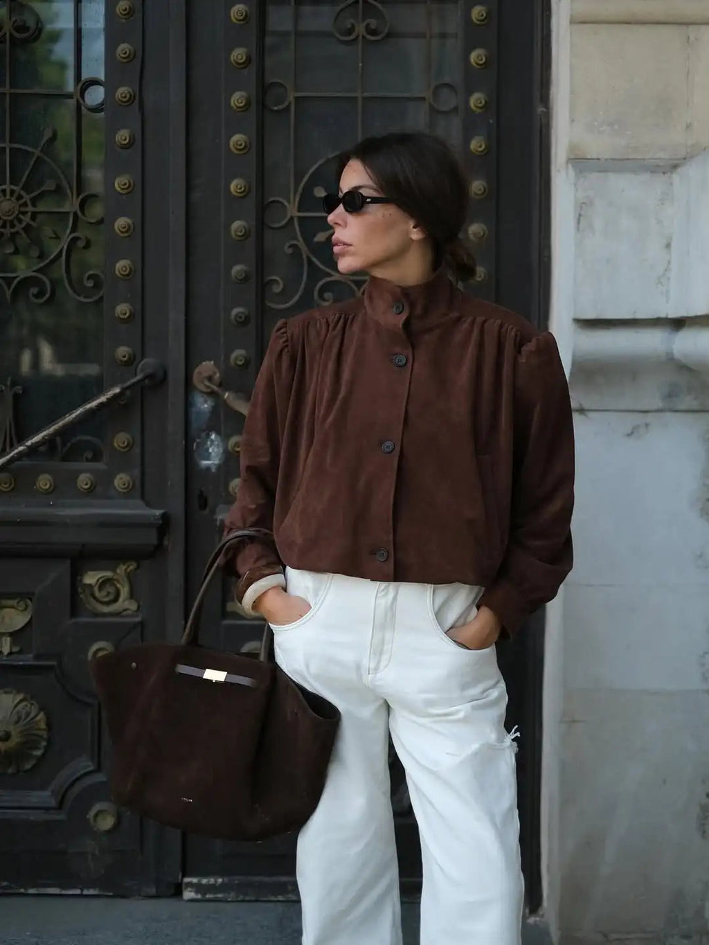 Retro Brown Suede Short Jacket Stand Collar Full Sleeves Single Breasteds Loose Coats Autumn Lady Street Wear