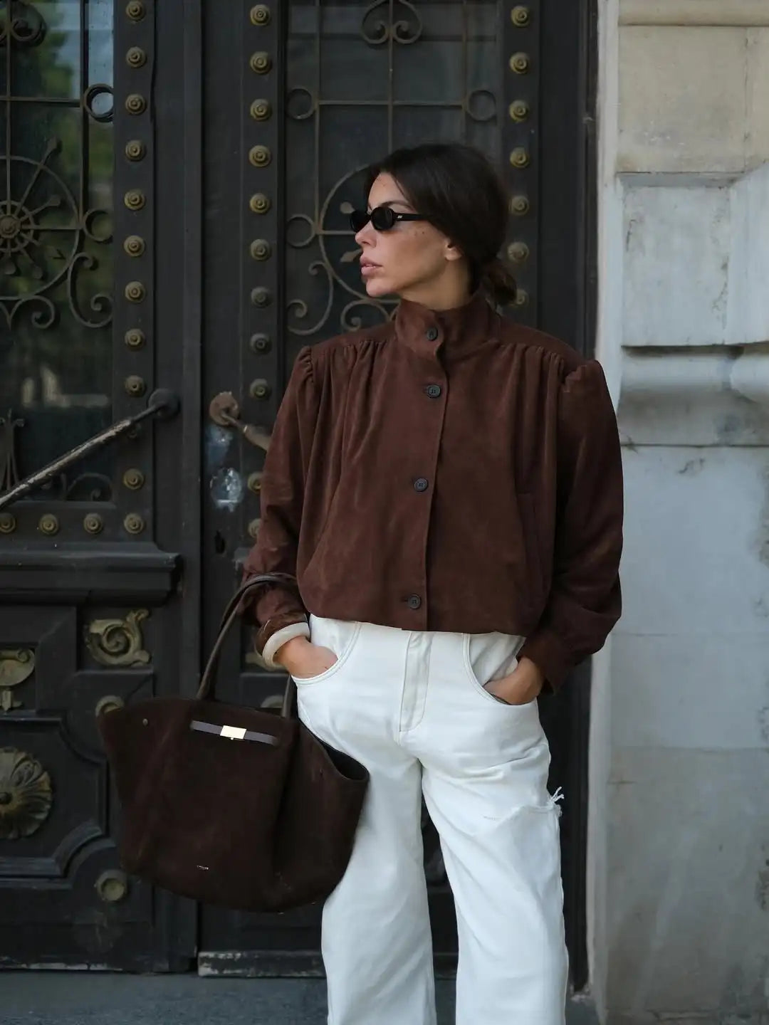 Retro Brown Suede Short Jacket Stand Collar Full Sleeves Single Breasteds Loose Coats Autumn Lady Street Wear