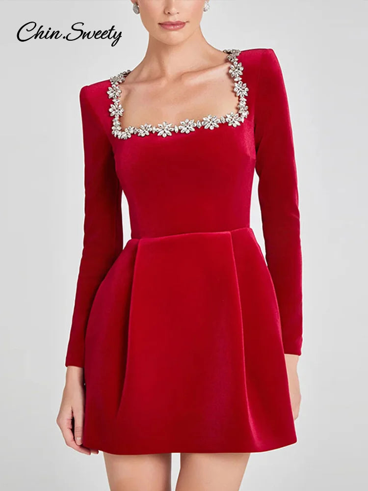 Rhinestone Decor Velvet Mini Dress Black Square Neck Long Sleeve High Waist A-line Dresses Lady Evening Party Gown