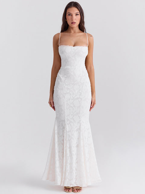 White Backless Lace-up Maxi Dress for Gown Summer New Spaghetti Strap Sleeveless Bodycon Party Long Dress