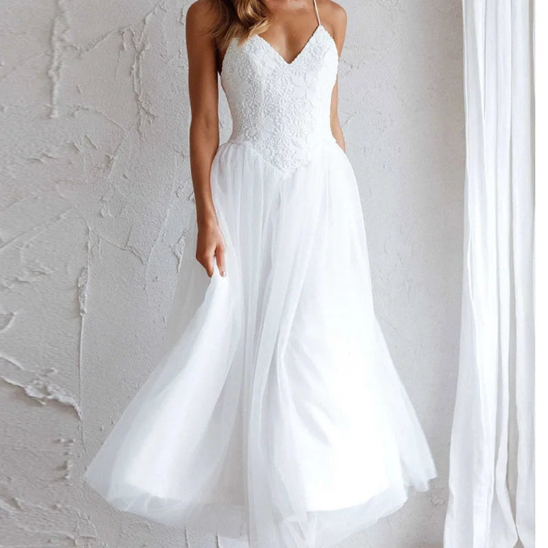 Embroidered Lace Party Dress Vneck Sleeveless Long Dress Loose Hollow Out Beach Dress
