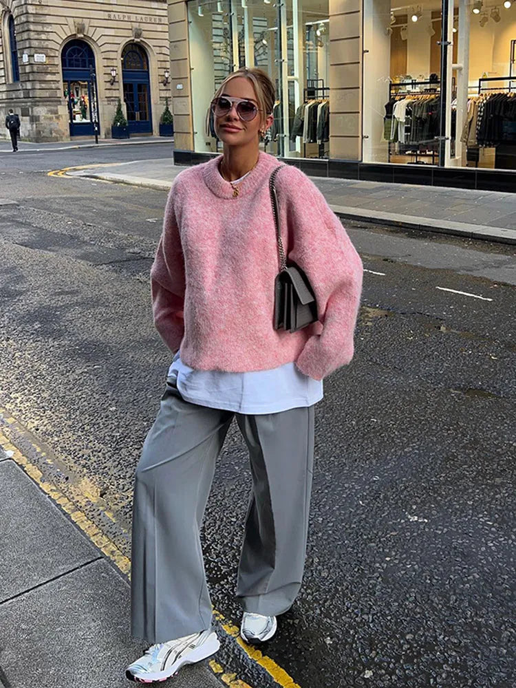Oversize Pink Cashmere Base Sweater Long Sleeve Round Collar Pullover New Lady High