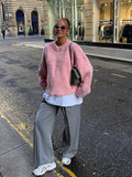 Oversize Pink Cashmere Base Sweater Long Sleeve Round Collar Pullover New Lady High