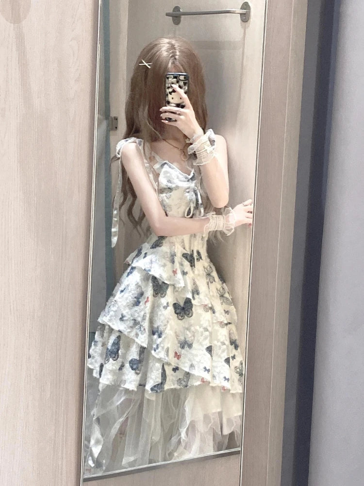 2000s Y2k Irregular Midi Dress Female Short Party Japanese Print Sleeveless Dress One Piece Dress Korean Summer