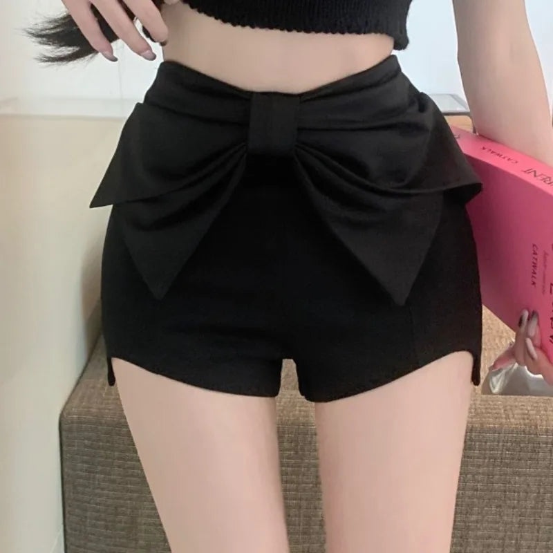 Big Bow Shorts Mujer Black Spring Summer Pants Korean Slim Pantalones Cortos