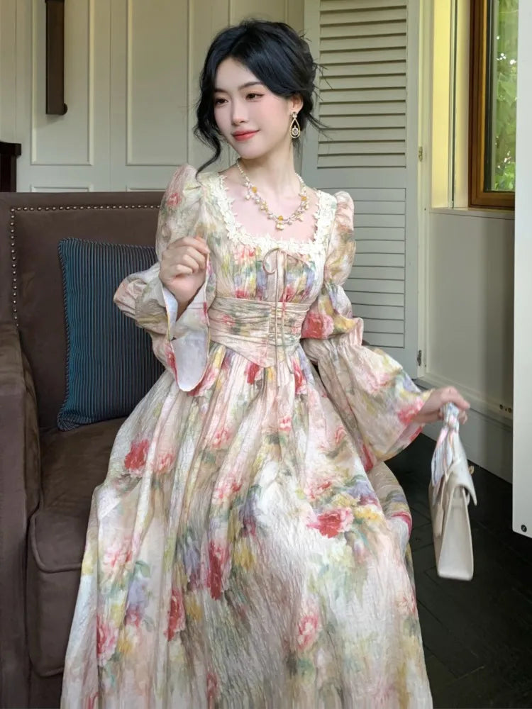 French Printed Midi Long Dress Autumn Square Collar Lantern Sleeve Laceup Midi Vestidos One Piece Clothing
