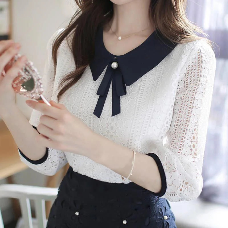 ’s Spring Autumn Style Lace Blouses Shirt Peter Pan Collar Color Half Sleeve Lace Tops Sp8676