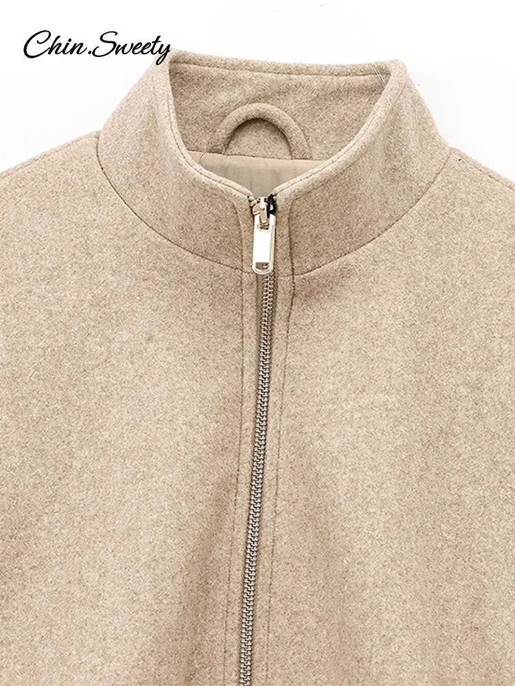 ’s Khaki Bomber Jacket Stand Collar Zipper Pocket Long Sleeve Short Coats Female Spring Thick Warm Outwear New
