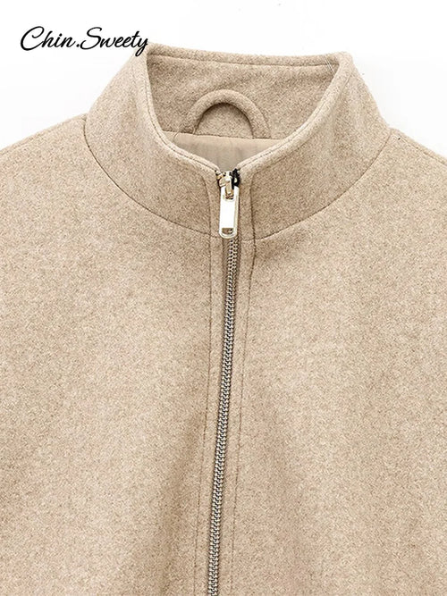 ’s Khaki Bomber Jacket Stand Collar Zipper Pocket Long Sleeve Short Coats Female Spring Thick Warm Outwear New