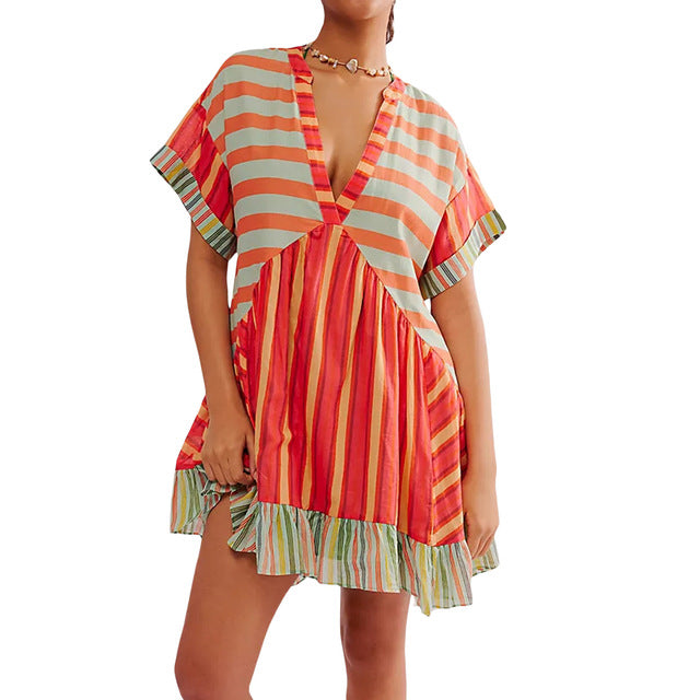 Color Print Mini Dresses Spring Summer New V-neck Short Sleeves Folds Loose Irregular Short Dress Vestidos