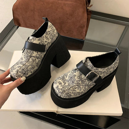 Chunky Platform Buckle Strap Pumps Street Style Round Toe Very Square High Heels Stripper Club Female Shoes