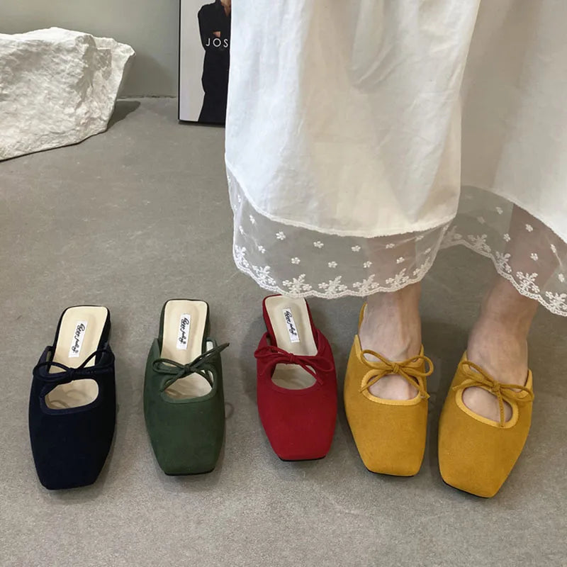 Summer New Flat Slipper Square Toe Slip on Mules Shoes Soft Flat Heel Outdoor Dress Sandal Slides New Woman