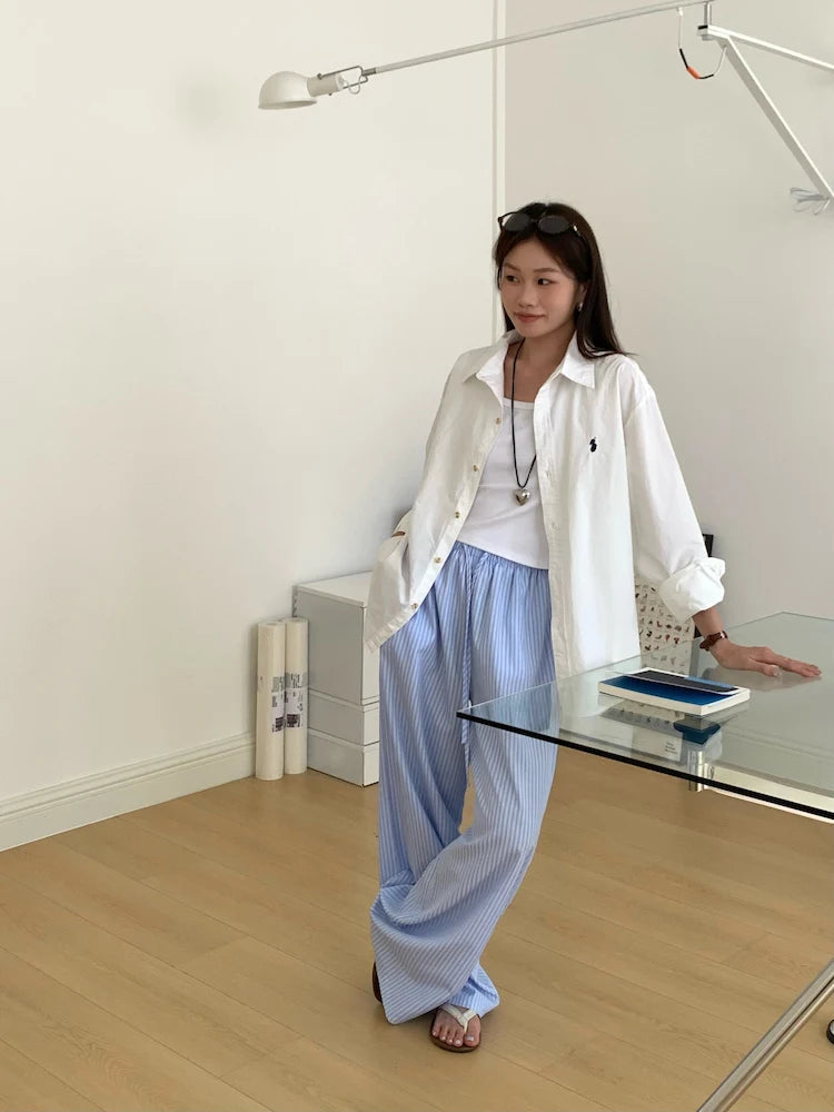 Korean Summer Age Reducing Temperament Elastic Waist Drawstring Loose Versatile Striped Pants Floor