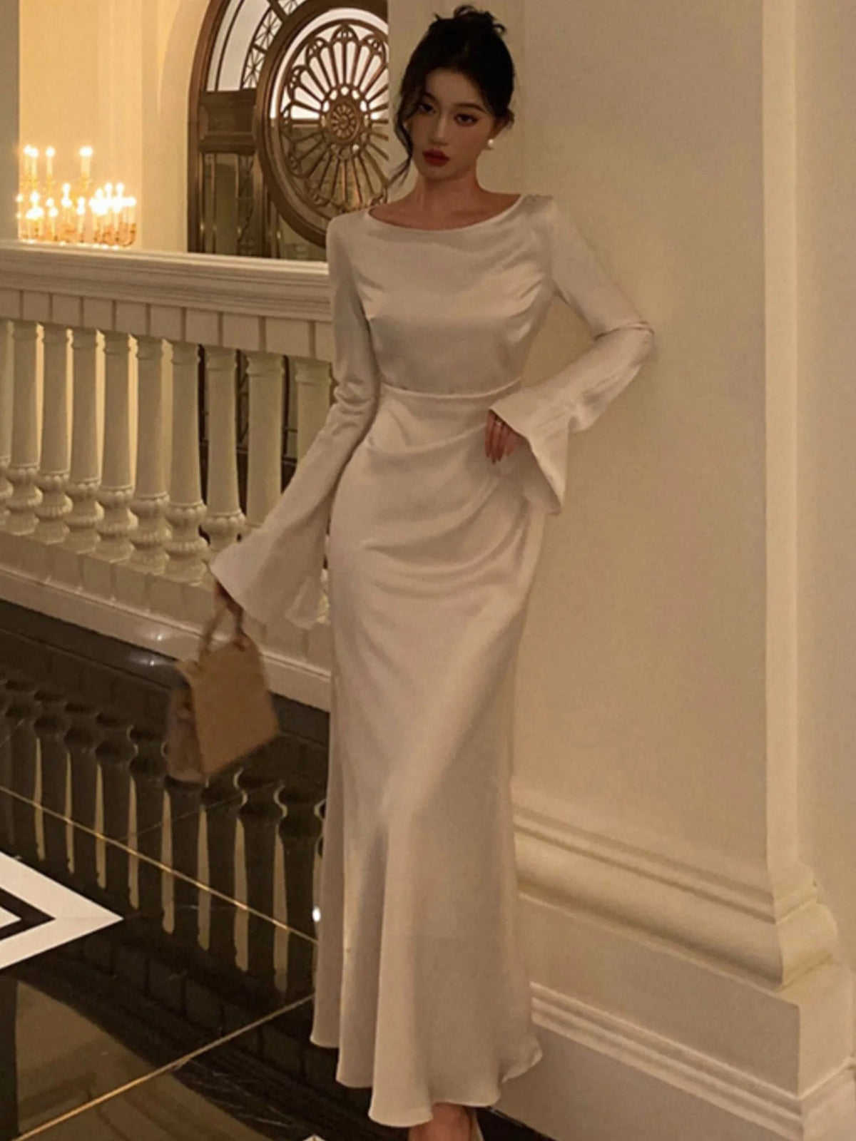 Flare Sleeve Wedding Mermaid Long Dress Spring Autumn French Slim One Piece Party Robe Mujers Clothes