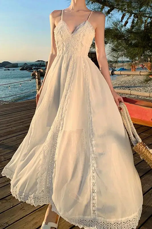 White Lace Spaghetti Straps Backless Summer Vneck Bandage Fairy Long Dress Club Birthday Party Evening Sundress