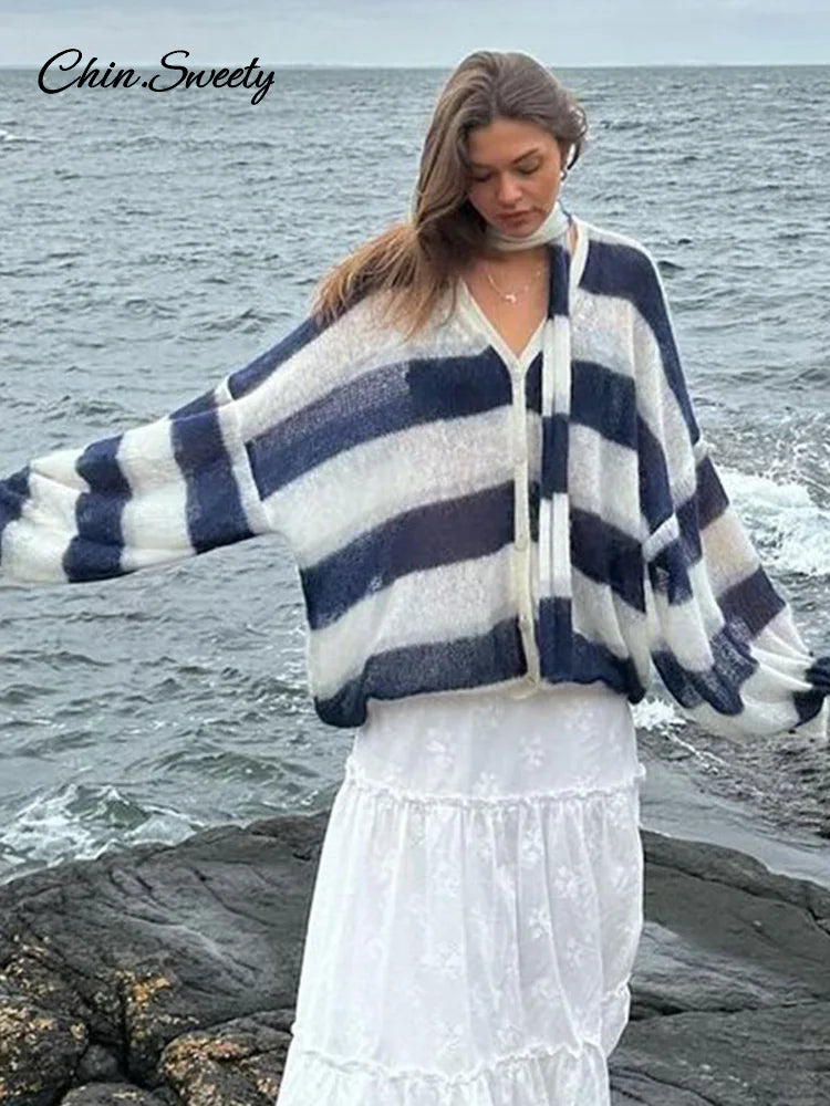 Loose Mohair Striped V-neck Cardigan With Scarf Lantern Sleeve Single Breasted Knitwear Lady New