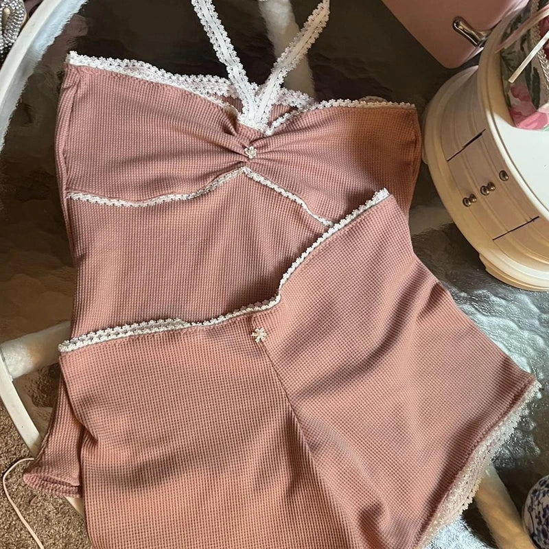 Fairy Grunge Lace Trim Strapless Tube Top + Shorts 90s 2 Piece Set Outfits Chest Wrap Backless Crop Top Camis