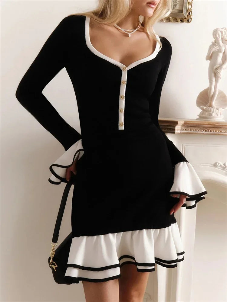 Ruffled Backless Tee Bow Mini Dress Female Slim High Waist Party Dress Commute Clothes Autumn Dress