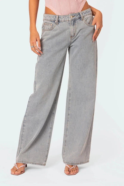 Bow Embroidered Wide Leg Jeans High Waisted Straight Leg Pants