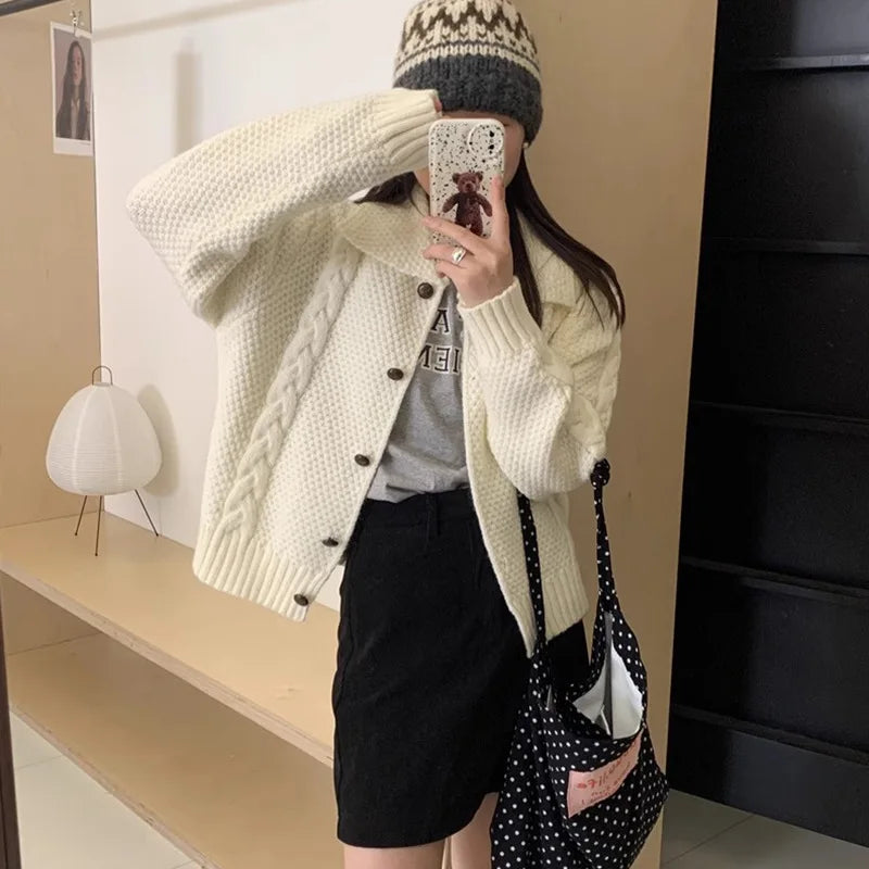 Japanese Lazy Lapel Cardigan Female Sueter Mujer New Age Reduction Sweet Sweater Coat Soft Waxy Knit Cardigan
