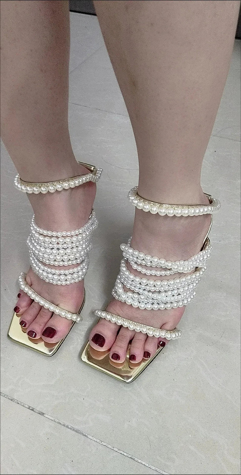 Brand Desigh New Gold String Bead Pearl Wrap Slip on Thin Heels Party Summer Sandals Bride Wedding Dress Shoes