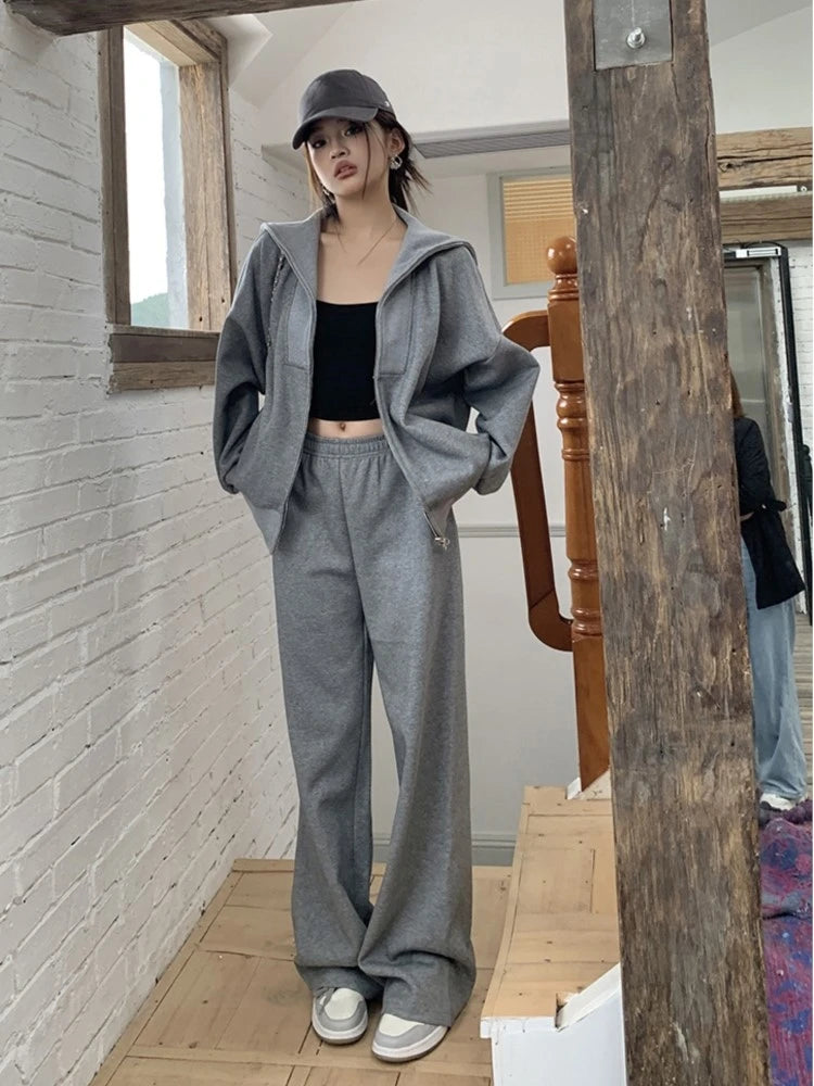 Y2k Two-piece Set Tracksuit Stand Collar Long Sleeve Zip-up Sweatshirt Long Pants Korean Autumn New Outfits