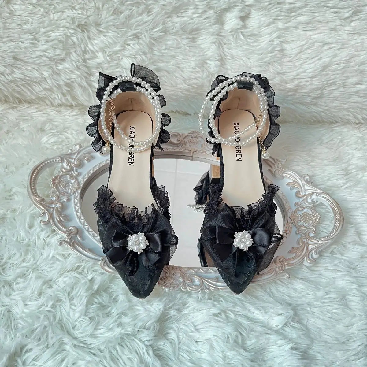 Lolita Sweet High Heel for Bow Slingback Shoes Wedding Shoes Bride Chunky Heel Shoes