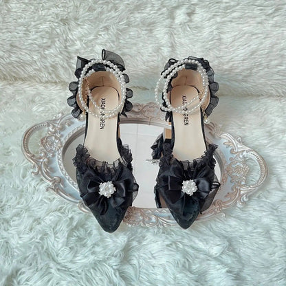 Lolita Sweet High Heel for Bow Slingback Shoes Wedding Shoes Bride Chunky Heel Shoes