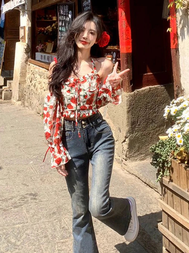 Summer French Vest Office Lady Y2k Crop Top Design Vneck Blouse Outwear Korean