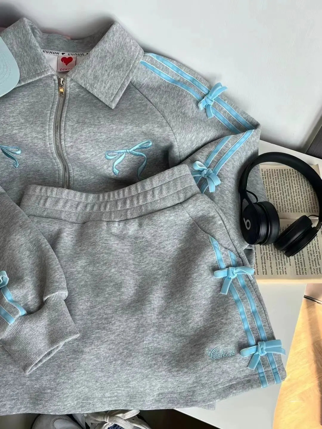 Spring Gray Two Piece Set Outfits Sports Style Plush Loose Zipper Hoodies Coat Aline Short Skirt Set