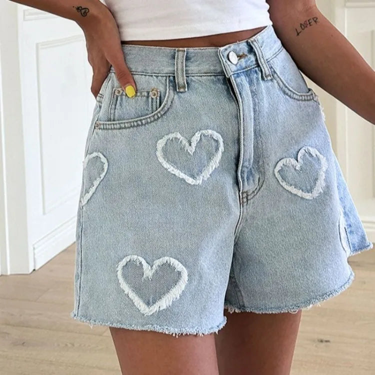 Sweet Fur Heart Pattern Denim Shorts for Y2k High Waist Loose Straight Short Pants Summer New Wide Leg Shorts