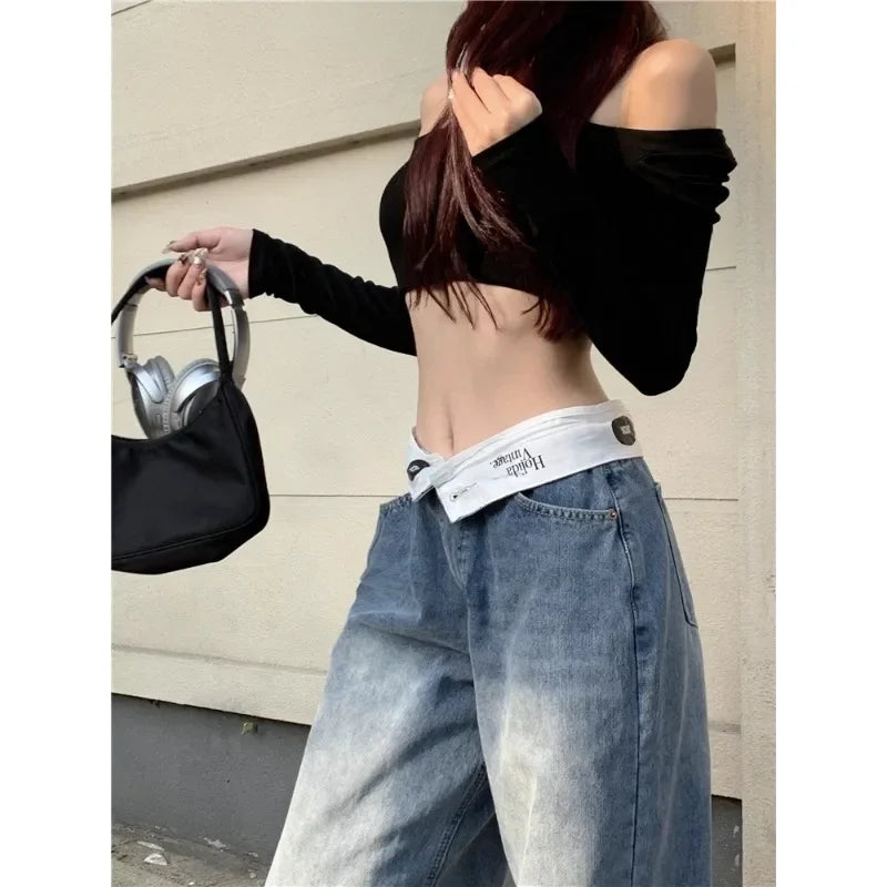 Distressed Patchwork Loose Jeans Summer New Low Waist Letter Printed Denim Wide Leg Pants