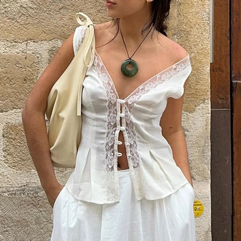 Lace Bow Sleeveless Short Tank Top for Deep V Neck Button Patchwork Female White Cardigan Top Summer New