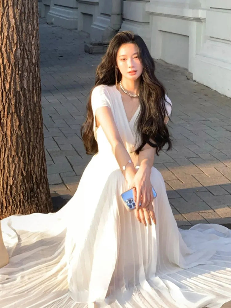Summer New Party Pleats Long Dresses for Vneck High Waist Holiday Sleeveless Female Clothing Robe