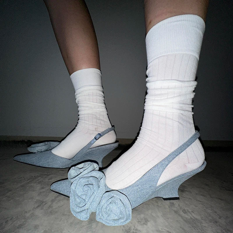 Denim Flower Wedges Sandals Pointy Toe Back Straps Summer Shoes Lady Unique Street Dress Party Shoes