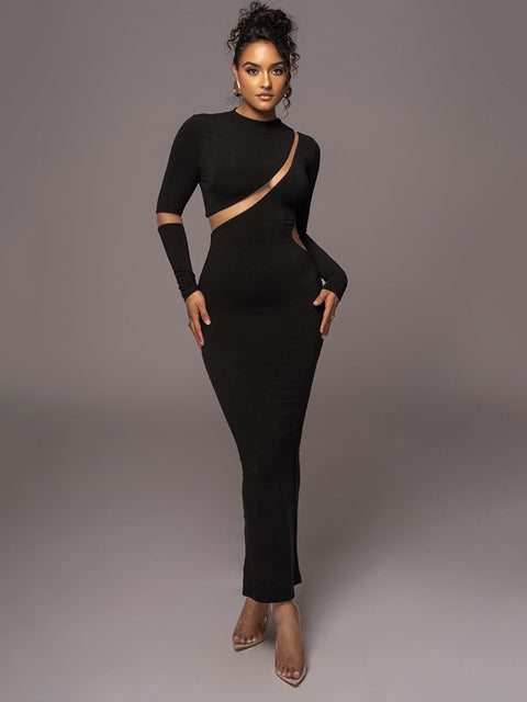-’s Split Long Sleeve Midi Dress, Hollow Out, Split, Irregular, Irregular, Party, Club, Evening