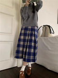 Japan Preppy Plaid Skirts for Woman Autumn Winter Woolen Plaid Pleated Long Skirt Aline Woolen Umbrella Skirt