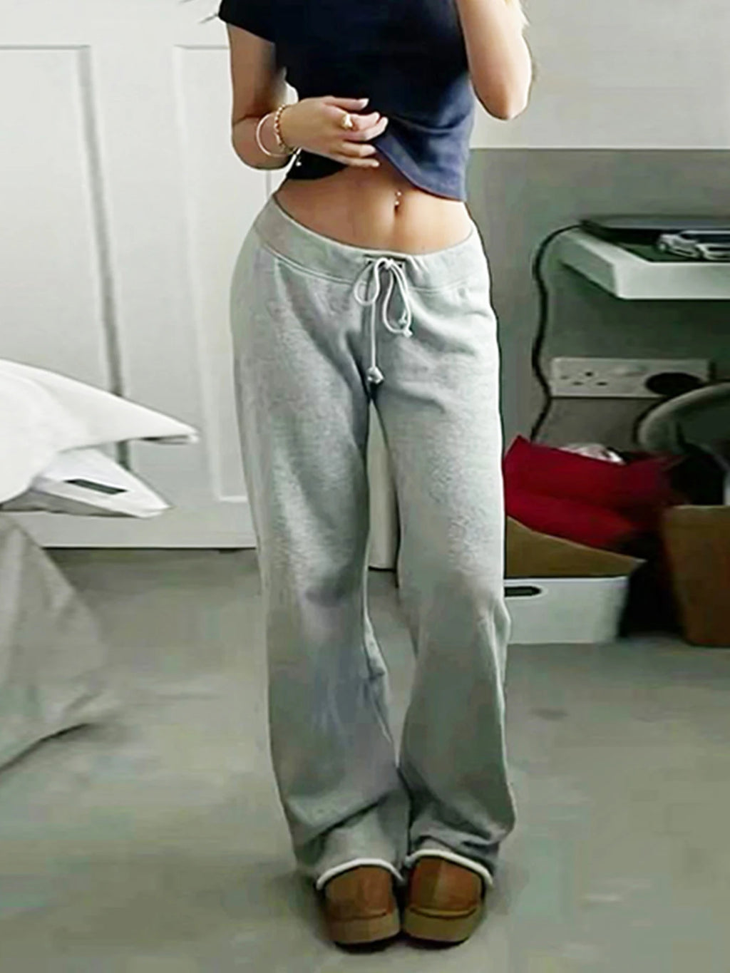 Pockets Drawstring High Waist Loose Sweatpants for Gray Basic Simple Straight Leg Pants Jogging Trousers
