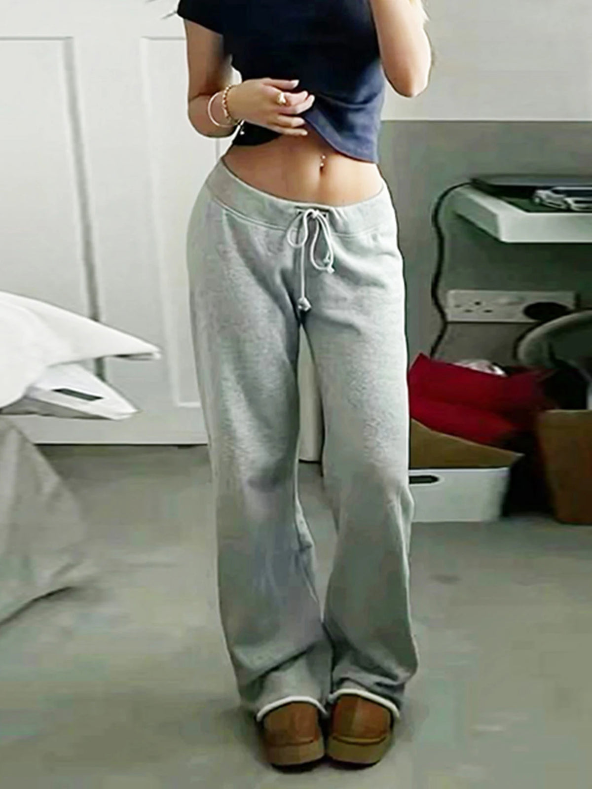 Pockets Drawstring High Waist Loose Sweatpants for Gray Basic Simple Straight Leg Pants Jogging Trousers