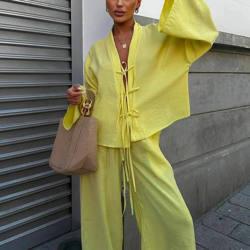 V Neck Lace Up Top and Pants 2 Piece Set New Spring Long Sleeved Loose Suit Simple Color High Street Outfits